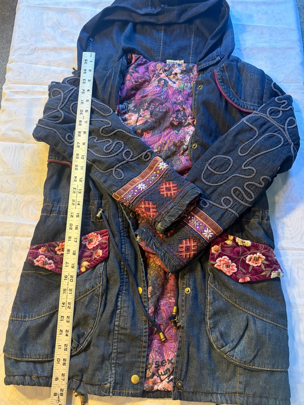 Embroidered Hooded Denim Jacket in Dark Blue with Purple Accents